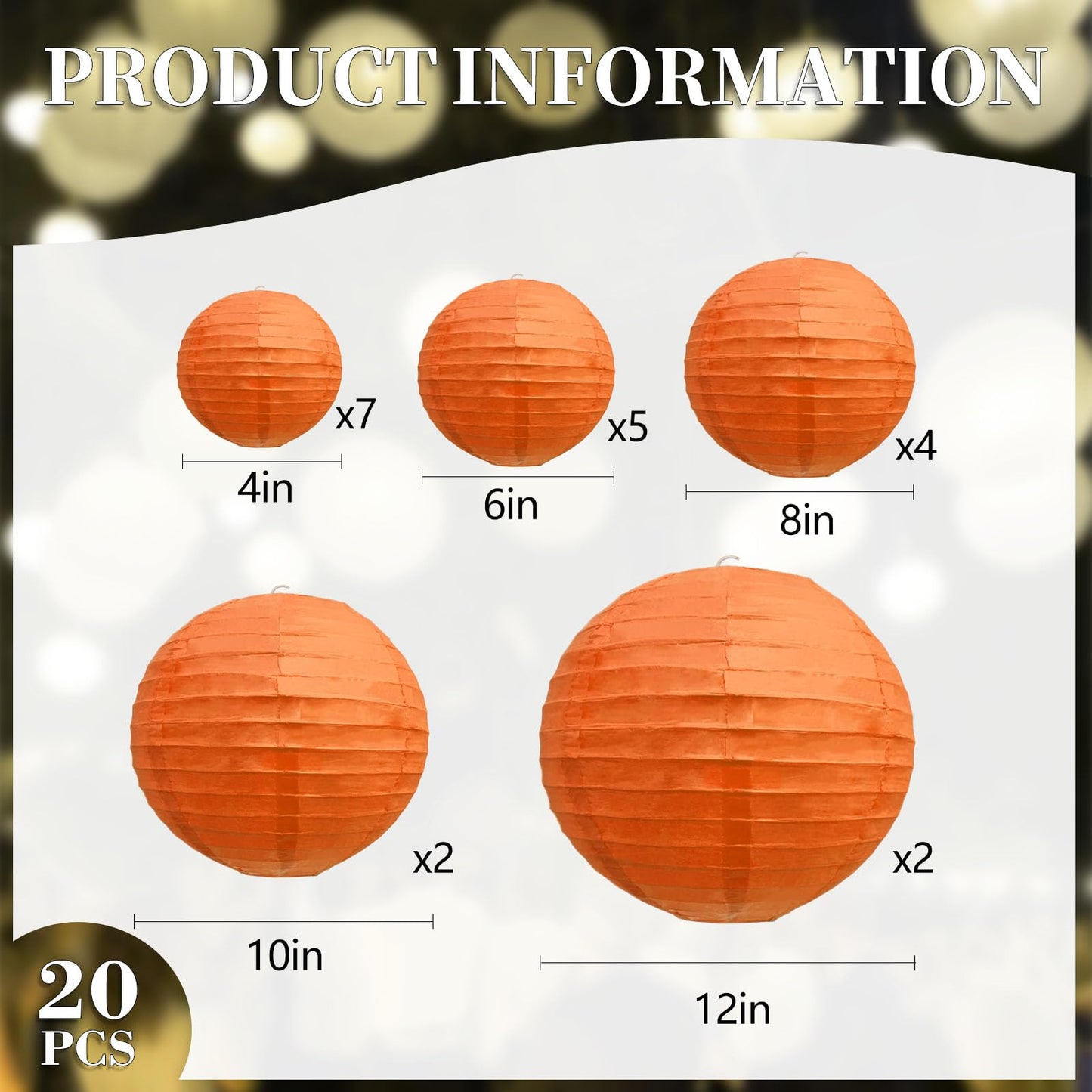 20Pcs Orange Paper Lanterns for Parties, 6” 8” 10” 12” Chinese Asian Hanging Round Paper Lanterns for Birthday Wedding Halloween Christmas Home Decor Party Decor