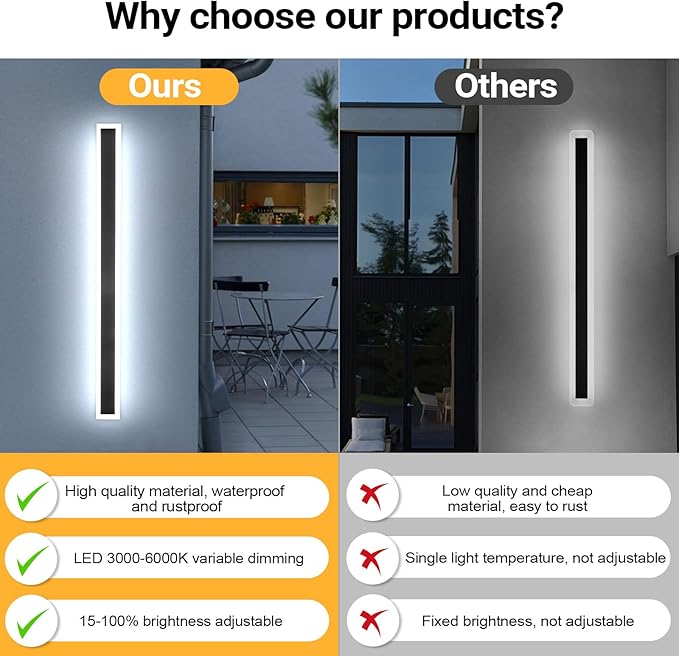 Modern Outdoor Wall Light, 2 Pack 59 Inch Exterior Wall Sconce - Dimmable 3000K-6000K - IP65 Waterproof Black LED Long Wall Light for House Porch Garage Patio
