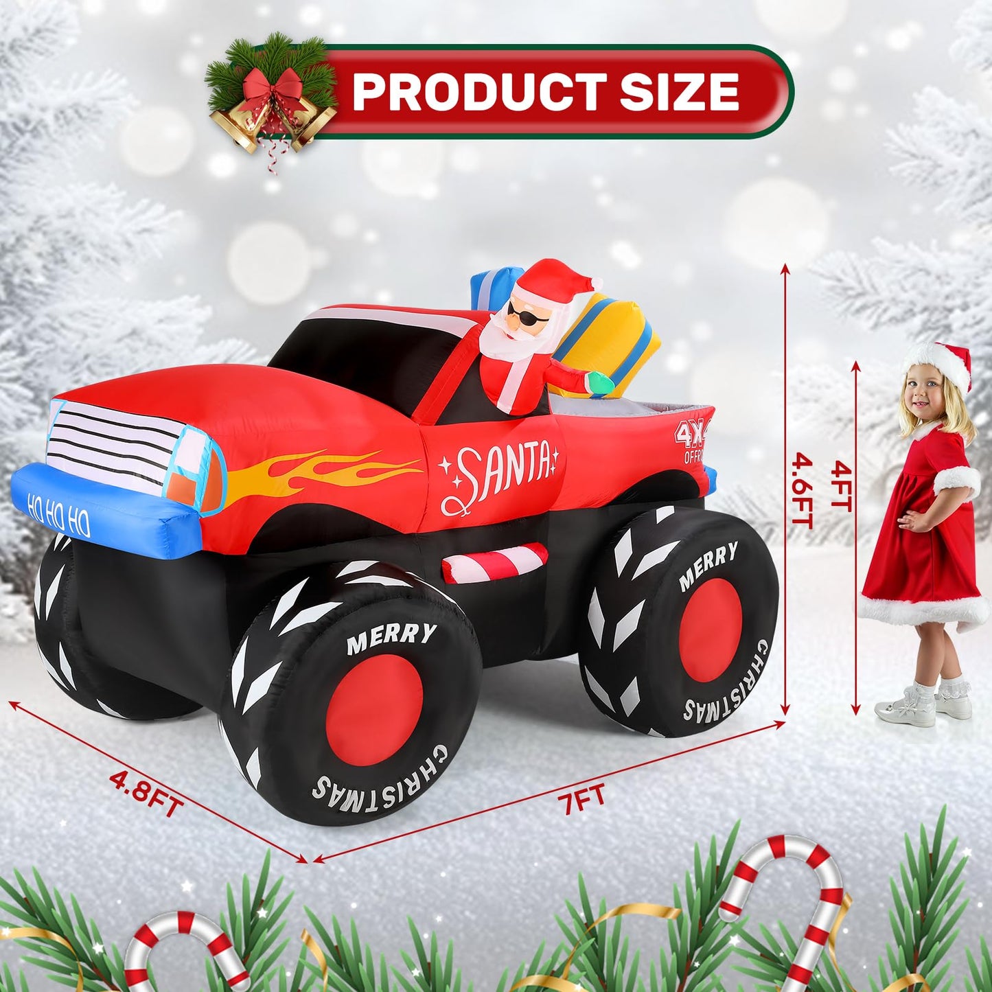 AMKAIO 7 FT Long Santa in Monster Truck Christmas Inflatables Outdoor Decorations, Christmas Blow Up Santa Claus Yard Decorations for Garden Lawn Xmas Decor