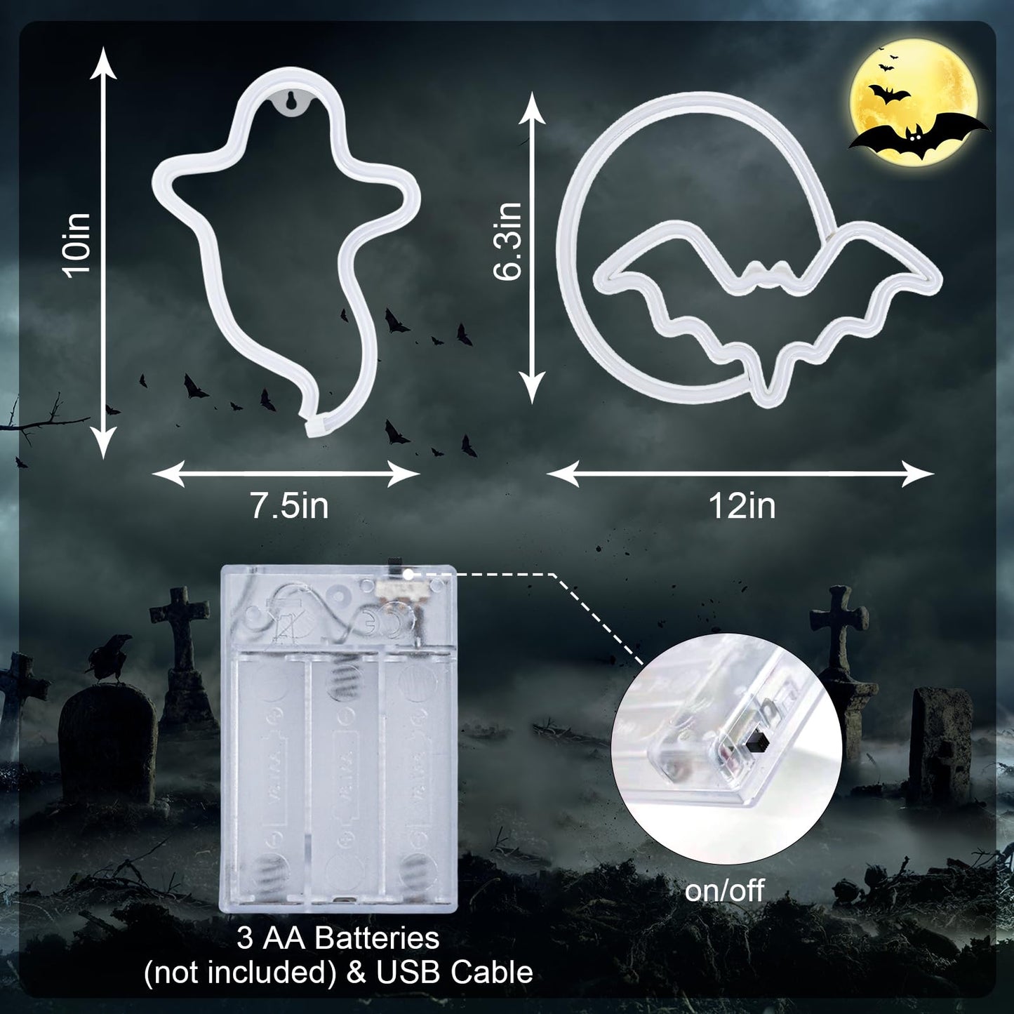 2 Pack Halloween Decoration LED Neon Sign Light,Ghost/Bat and Moon Lights Hanging Neon Signs for Halloween Party Indoor Home Window Decorations (Batteries not Included)