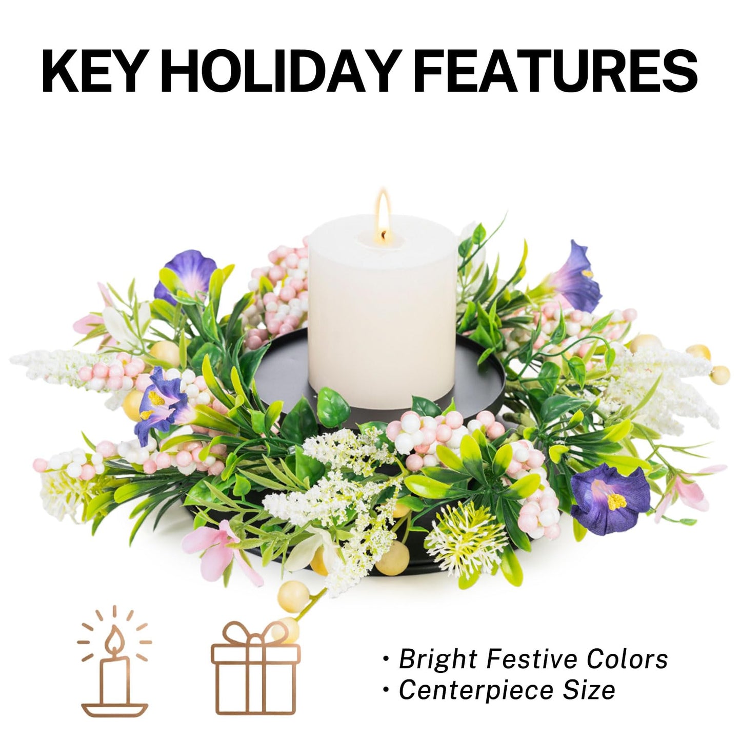 MOYEE Centerpieces for Tables Wreath with Candle Holder,Candle Ring, Black Metal Candlestick with an Artificial Wreath 14 in Versatile Dining Table Centrepiece