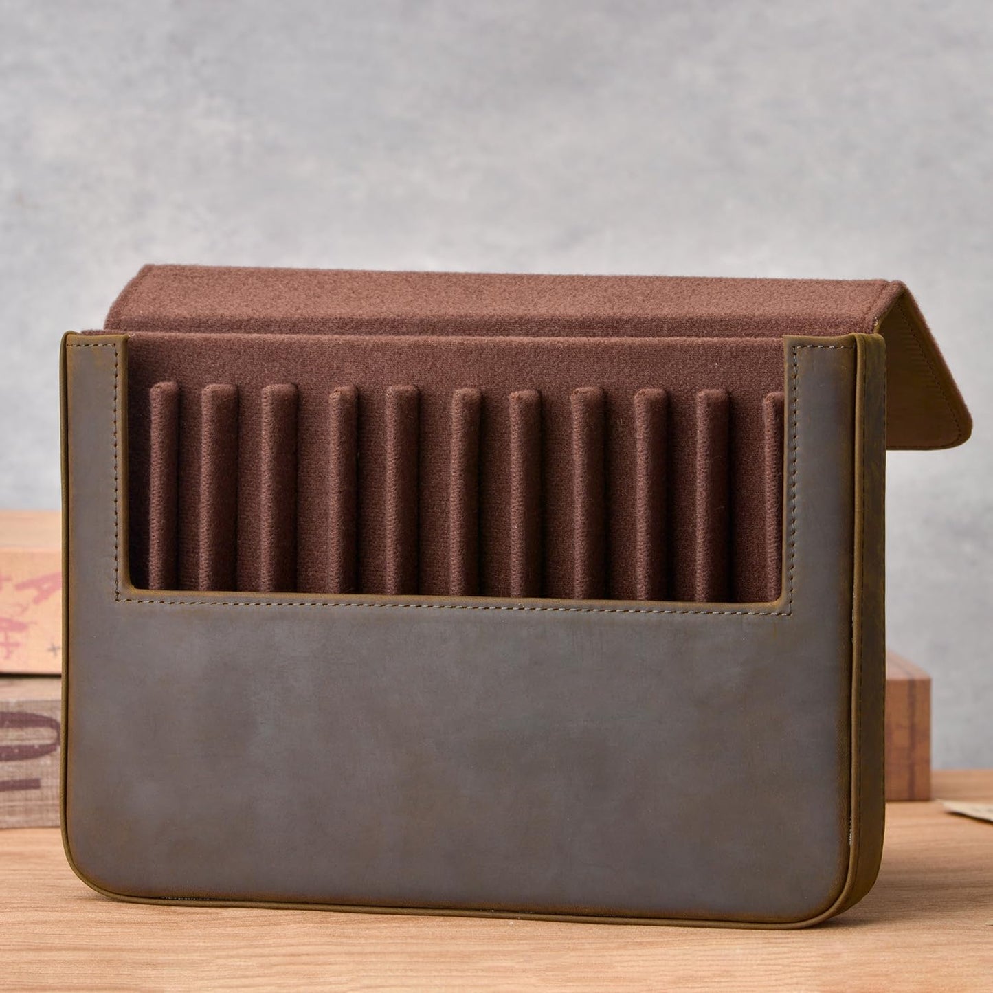 Lanxivi 12 Fountain Pen Case Genuine Leather Organizer, Crazy Horse Cowhide Leather Portable Pen Bag Pouch Drawer Style