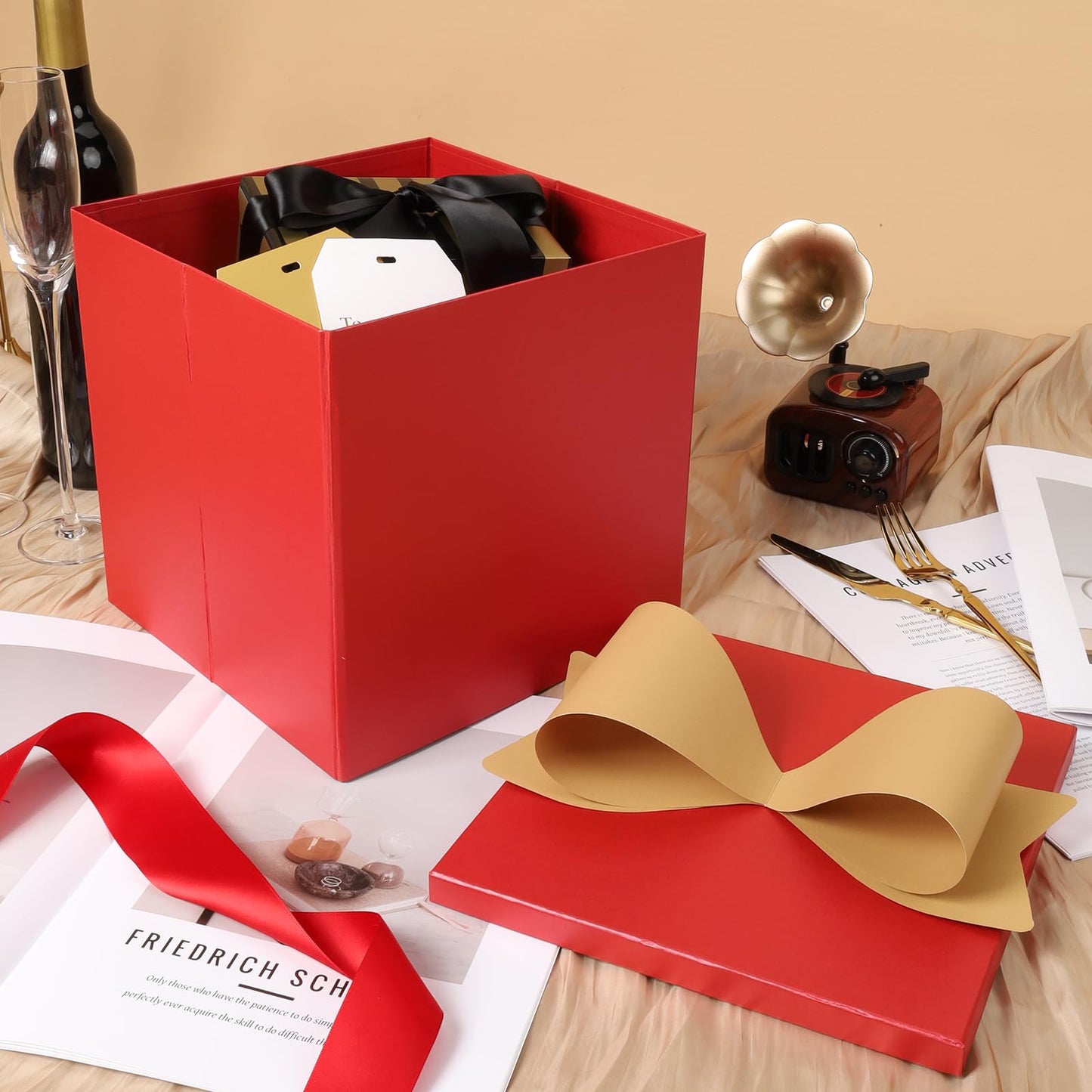 BIOBROWN Medium Gift Boxes with Lids for Presents, 9x9x9 Inches Red Collapsible Gift Box for Valentine's Day, Birthday, Wedding, Baby Shower, Party, Any Occasion