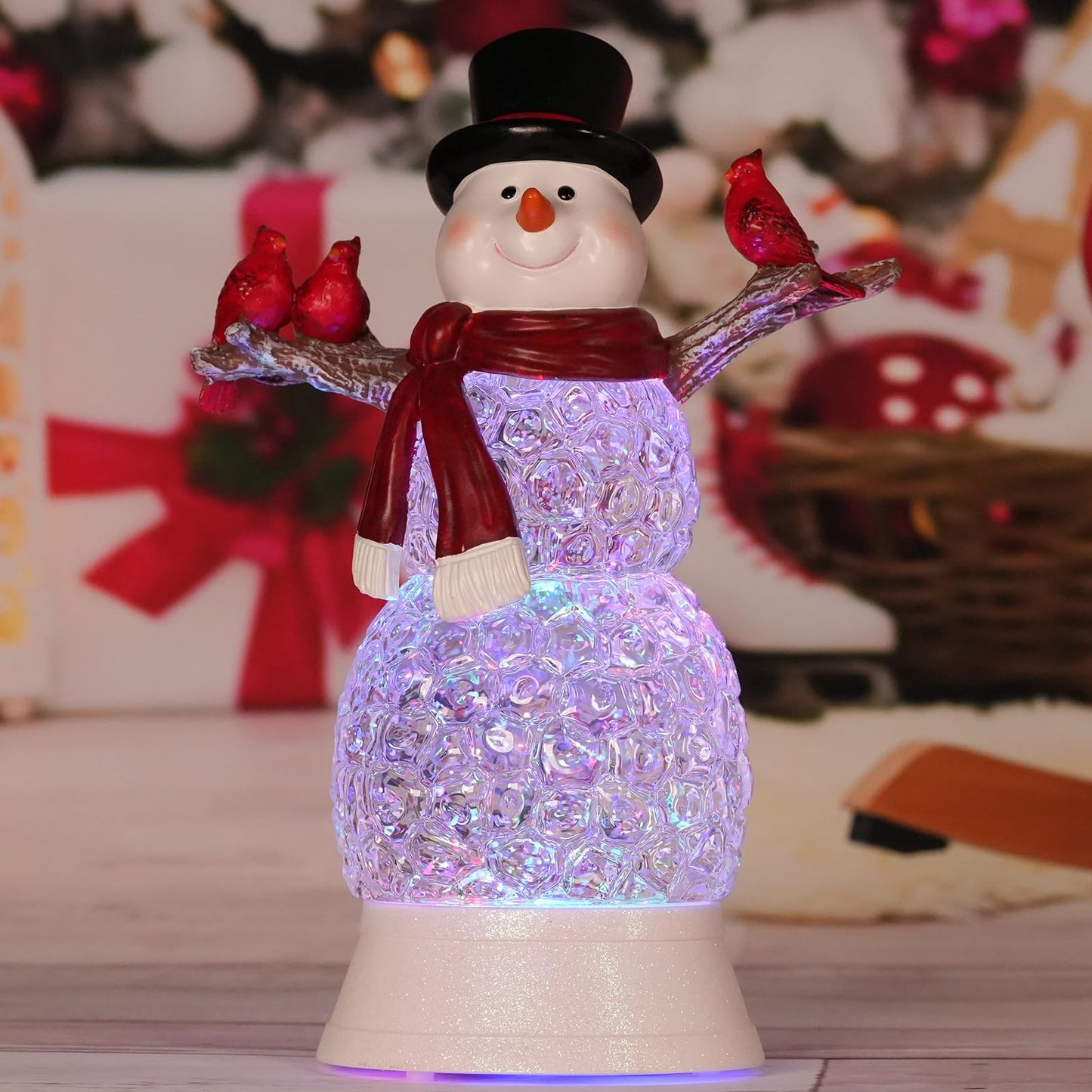 LEYUPEAK Christmas Snowman Snow Globe, Lighted Musical Cardinal Lantern with Glitter, Acrylic Snowman Figurines Holiday Tabletop Decorations Cardinal Gift, USB & Battery Operated, 6h Timer
