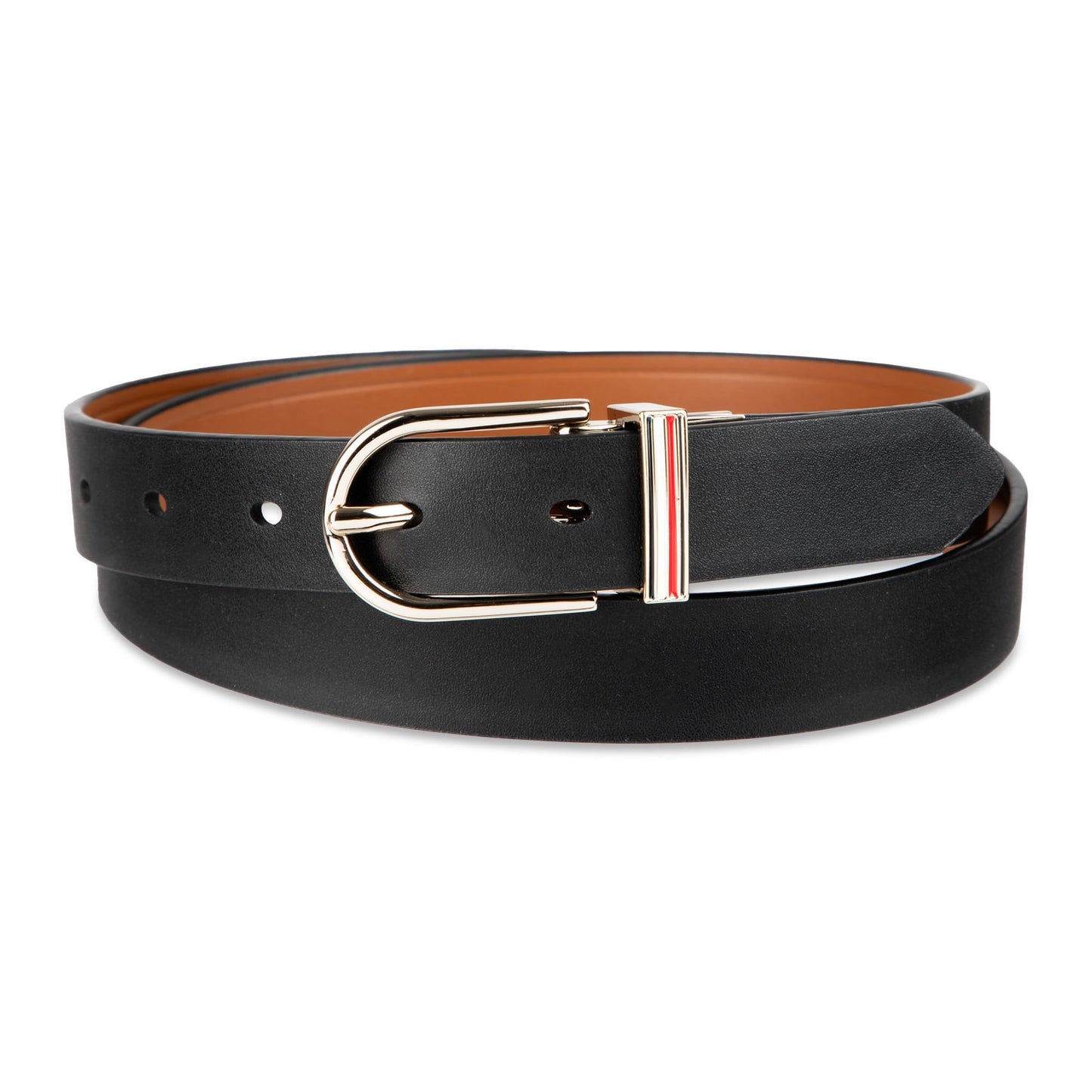 Tommy Hilfiger Women's Reversible TH Flag Enamel Slim Belt, Tan/Black, Large