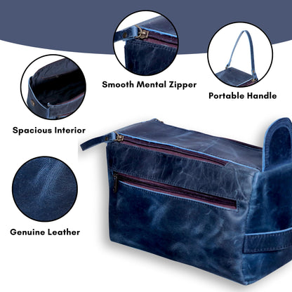 PRASTARA Leather Toiletry Bag for Men, Travel Essentials Shaving Dopp Kit Bathroom Shower Toiletries Organizer, Cosmetic Make up Bag for Women (Navy Blue)