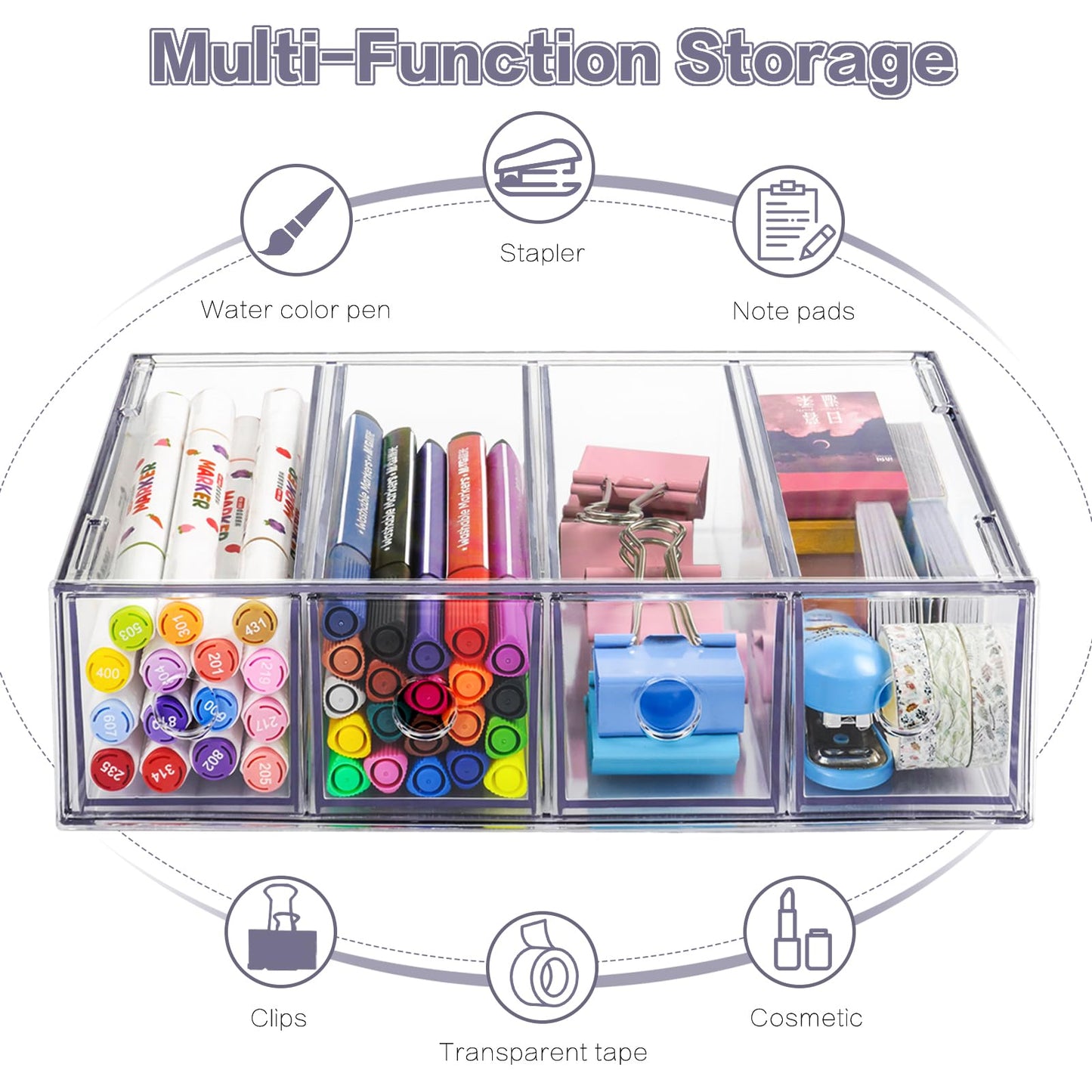 Desk Organizer with 4 Drawers, FODIENS Stackable Desktop Storage Box with Removable Drawer, Clear Sunglasses Organizer Display Case for Stationery Marker Pens Eyeglasses Office Supply