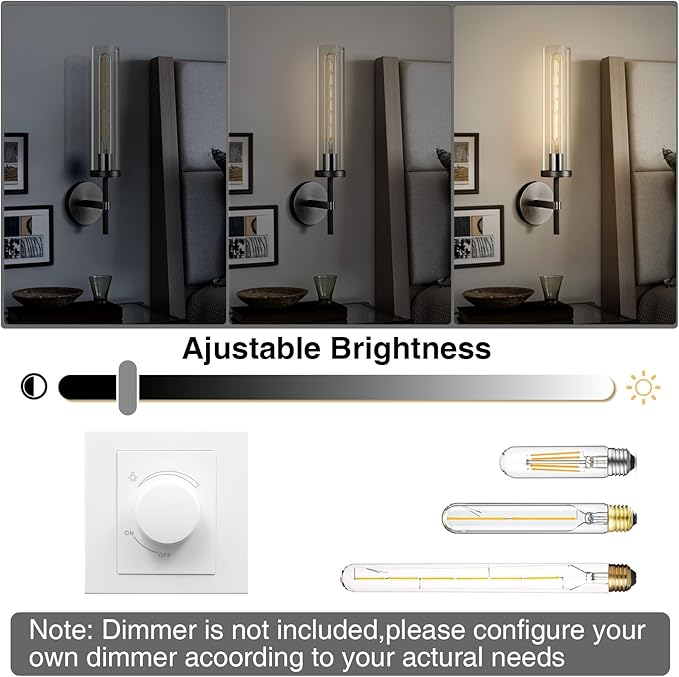 Matte Black Wall Sconce 19.48" Industrial Wall Lamp with Clear Glass Tube, Bathroom Vanity Lighting & Bedroom Hallway Staircase Sconces, Garage Entryway Porch Light Fixture(Including Bulb)
