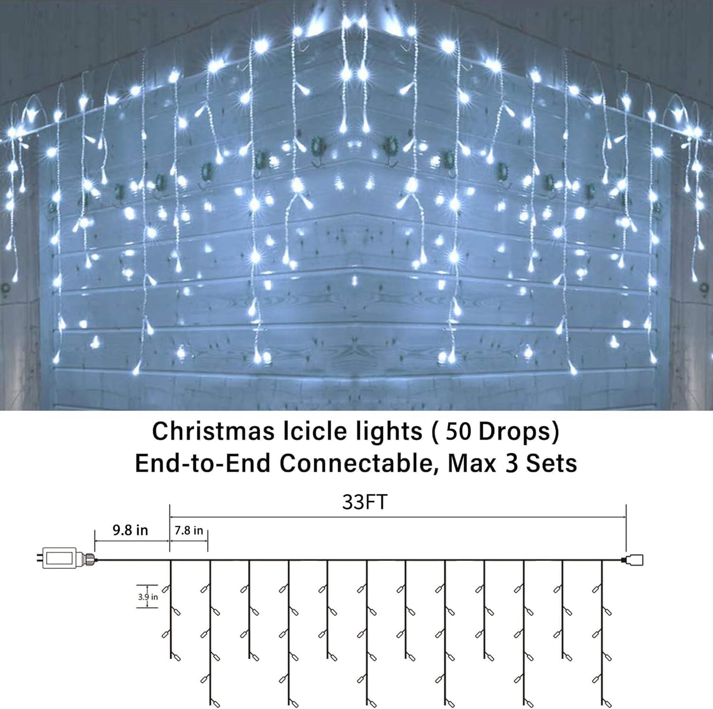 Joomer Christmas Icicle Lights - 33FT Plug in String Lights Waterproof, 8 Modes Timer Connectable Outdoor String Light for Christmas Party, Eaves, Roofs, Xmas Decorations (White)