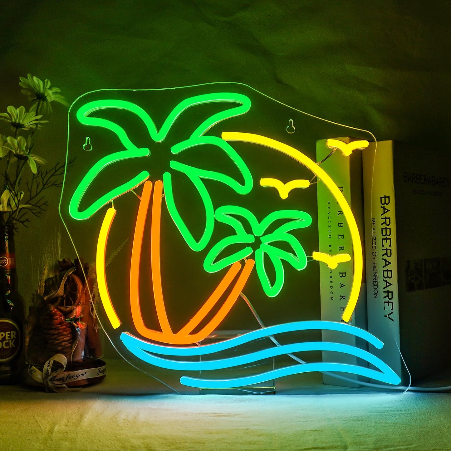 NOSUN Tropic Palm Tree Neon Signs for Wall Decor Hawaiian LED Neon Lights Coconut Tree Tropic Neon Signs for Bedroom Bar Party Men Cave Game Room Sea Neon Light Sign Tropic Wall Art Decor