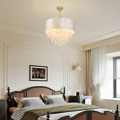 4-Lights Drum Capiz Shell Chandeliers, Coastal Style Pendant Light Fixture for Dining Room, Living Room, D18 x 21~68"(Adjustable Height), Shell Lampshade & Gold Finish