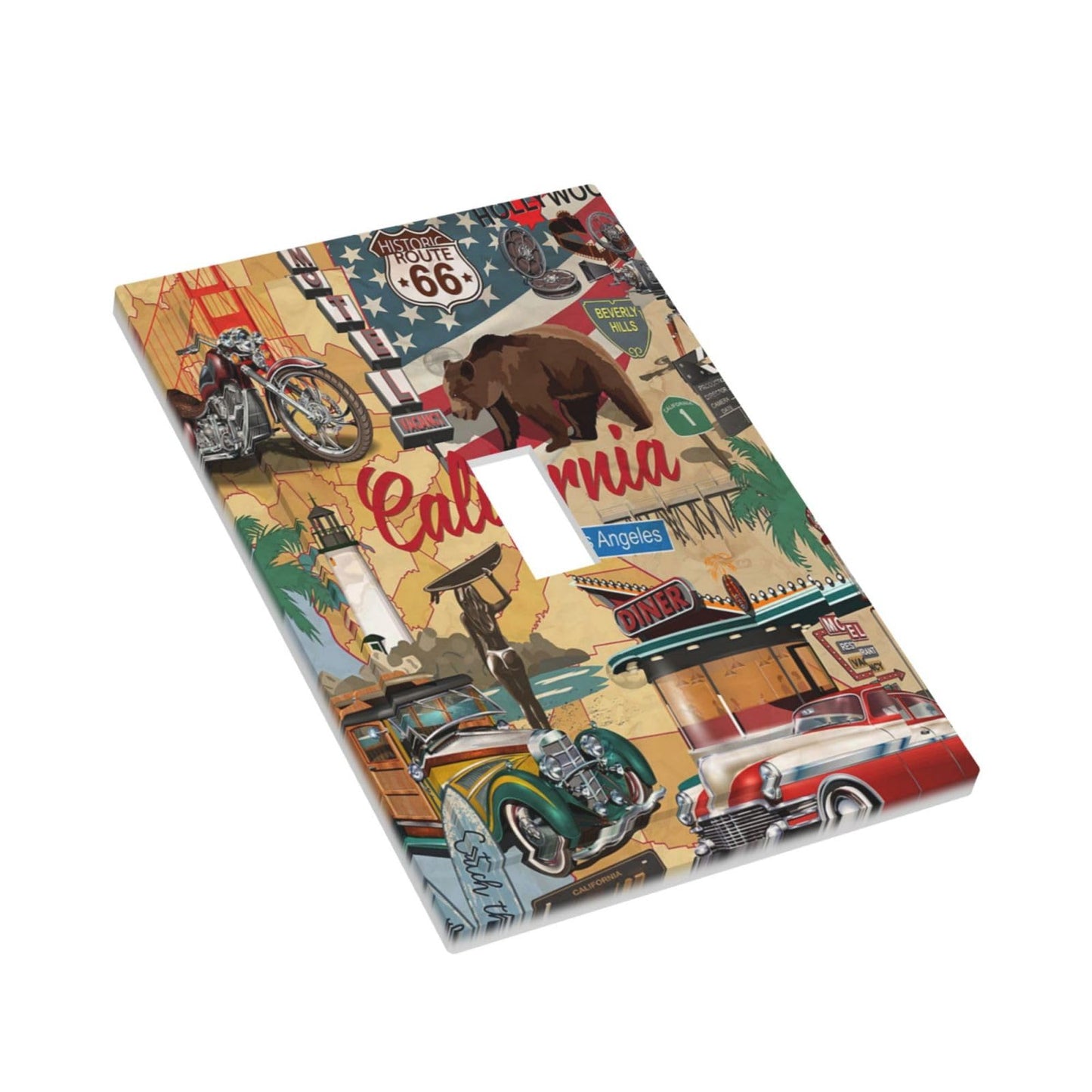 Historic Route 66 Old Fashioned Bear Cars Truck Diner Motorcycle Map Road Trip Journey American USA 1 Gang Single Toggle Light Switch Wall Plate Mid Size Outlet Cover Electrical Faceplate Switchplate