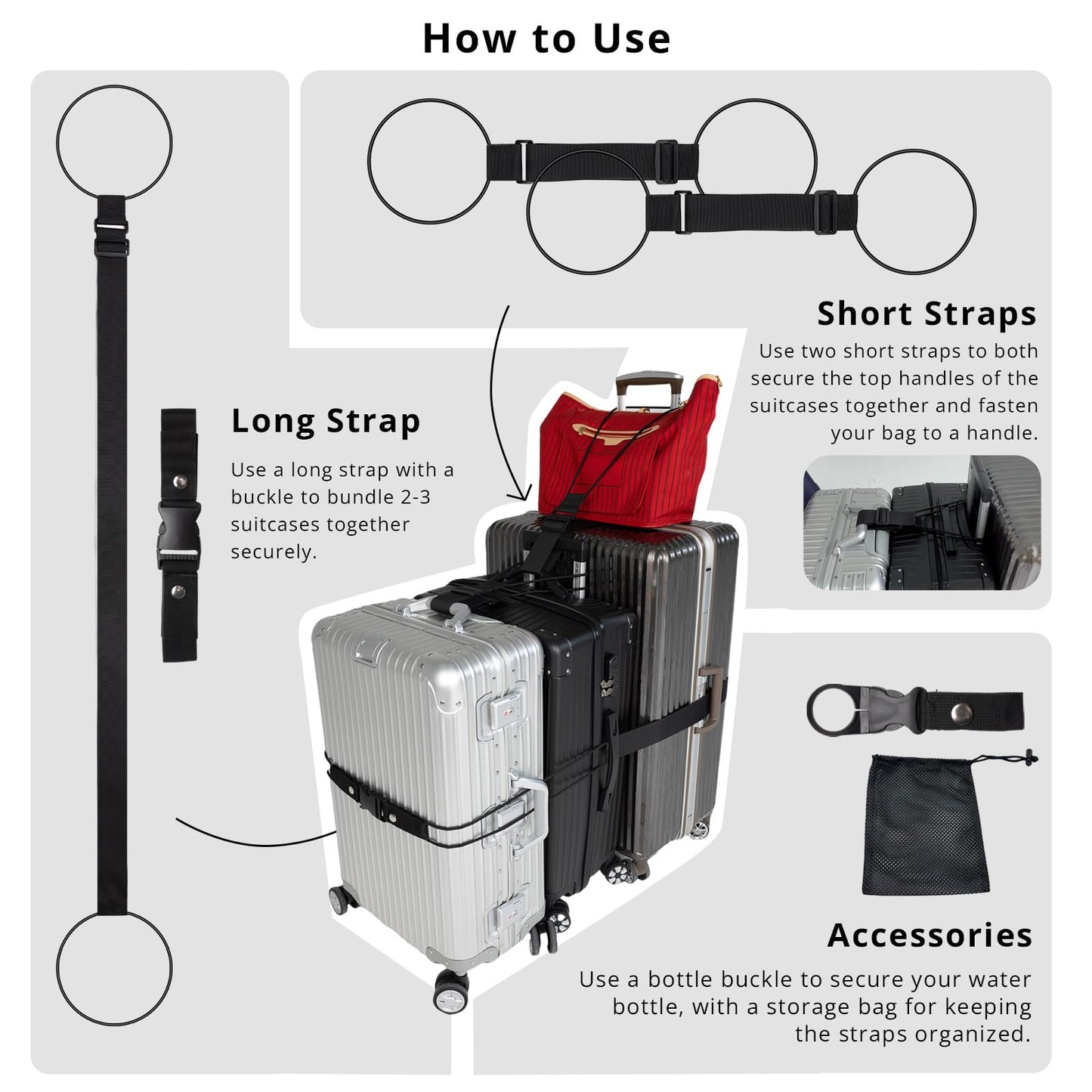 Luggage Straps 3 PCS for Suitcases TSA Approved 2 Short & 1 Long Adjustable Straps with Elastic Thick Rope for Connecting Suitcases and Bags Stably with a Strap Buckle and a Bottle Clip, Black