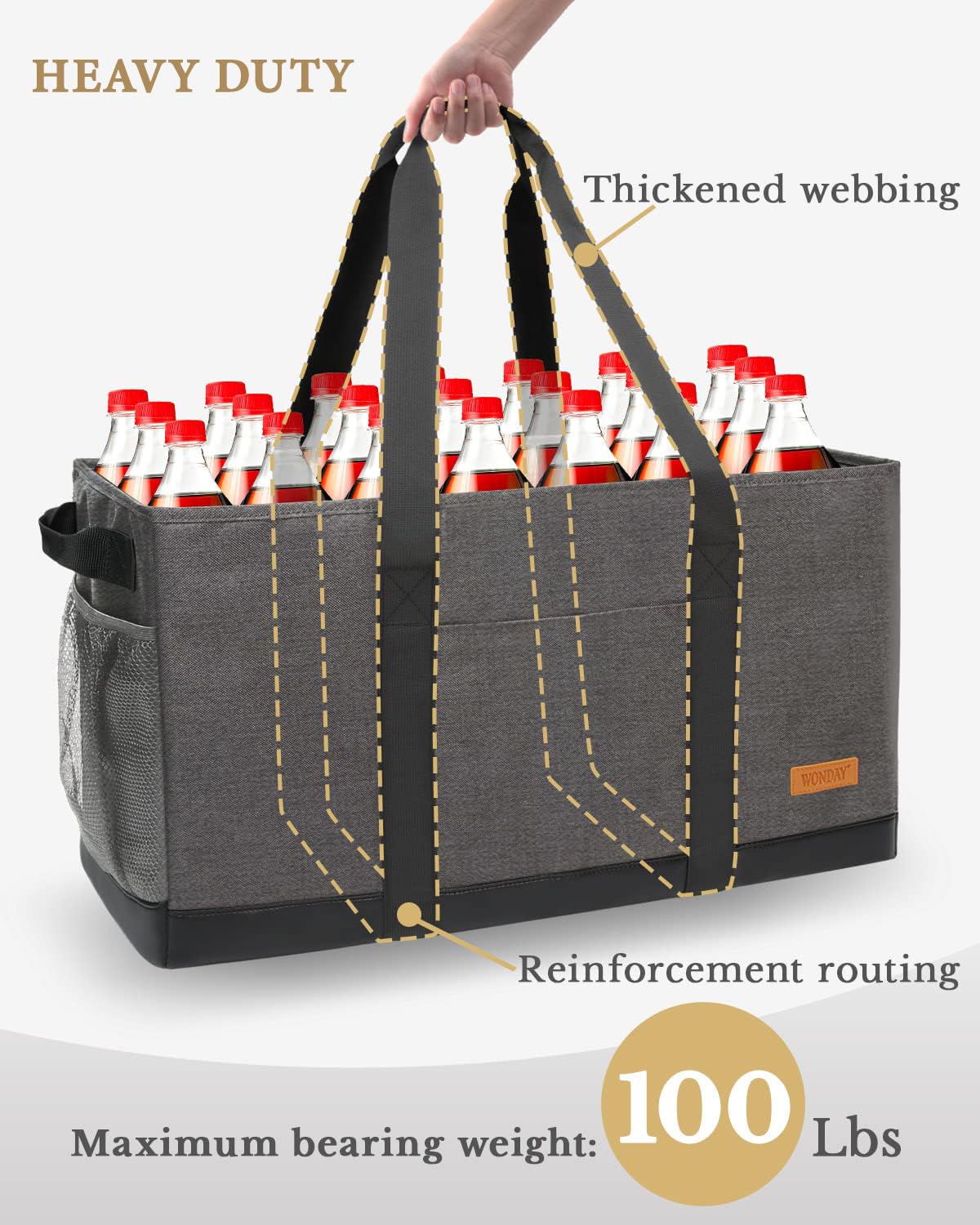 WONDAY Extra Large Utility Tote Bag - Standing Reusable Grocery Bag with Handle, Collapsible Storage for Shopping, Beach