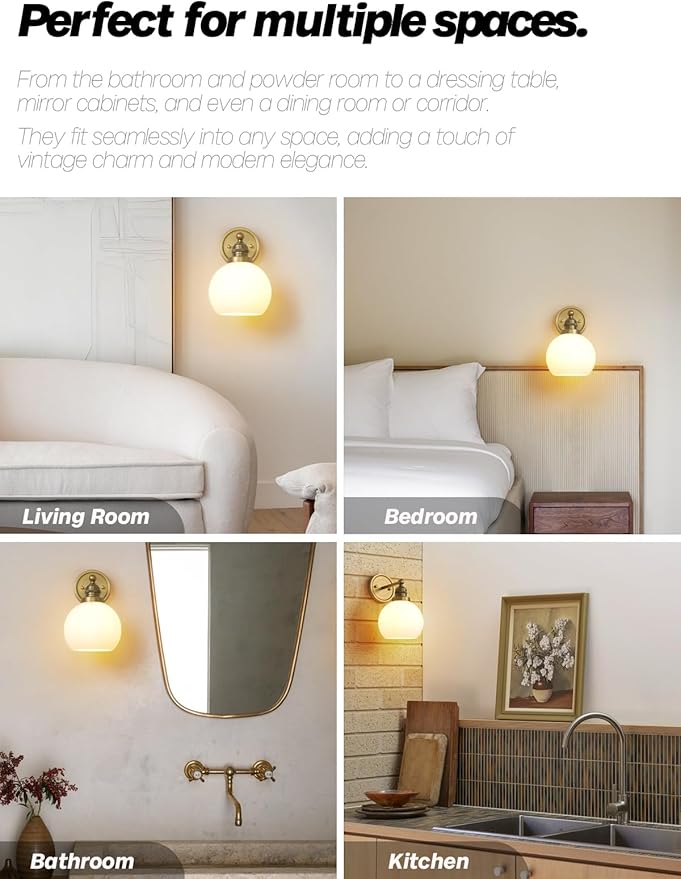 Gold Wall Sconces,Vintage Bathroom Vanity Light with Milk Glass Modern Brass Sconces Wall Lighting for Living Room Bedroom Hallway Stairway E26 Hardwire Indoor