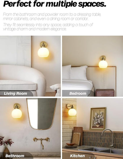 Gold Wall Sconces,Vintage Bathroom Vanity Light with Milk Glass Modern Brass Sconces Wall Lighting for Living Room Bedroom Hallway Stairway E26 Hardwire Indoor