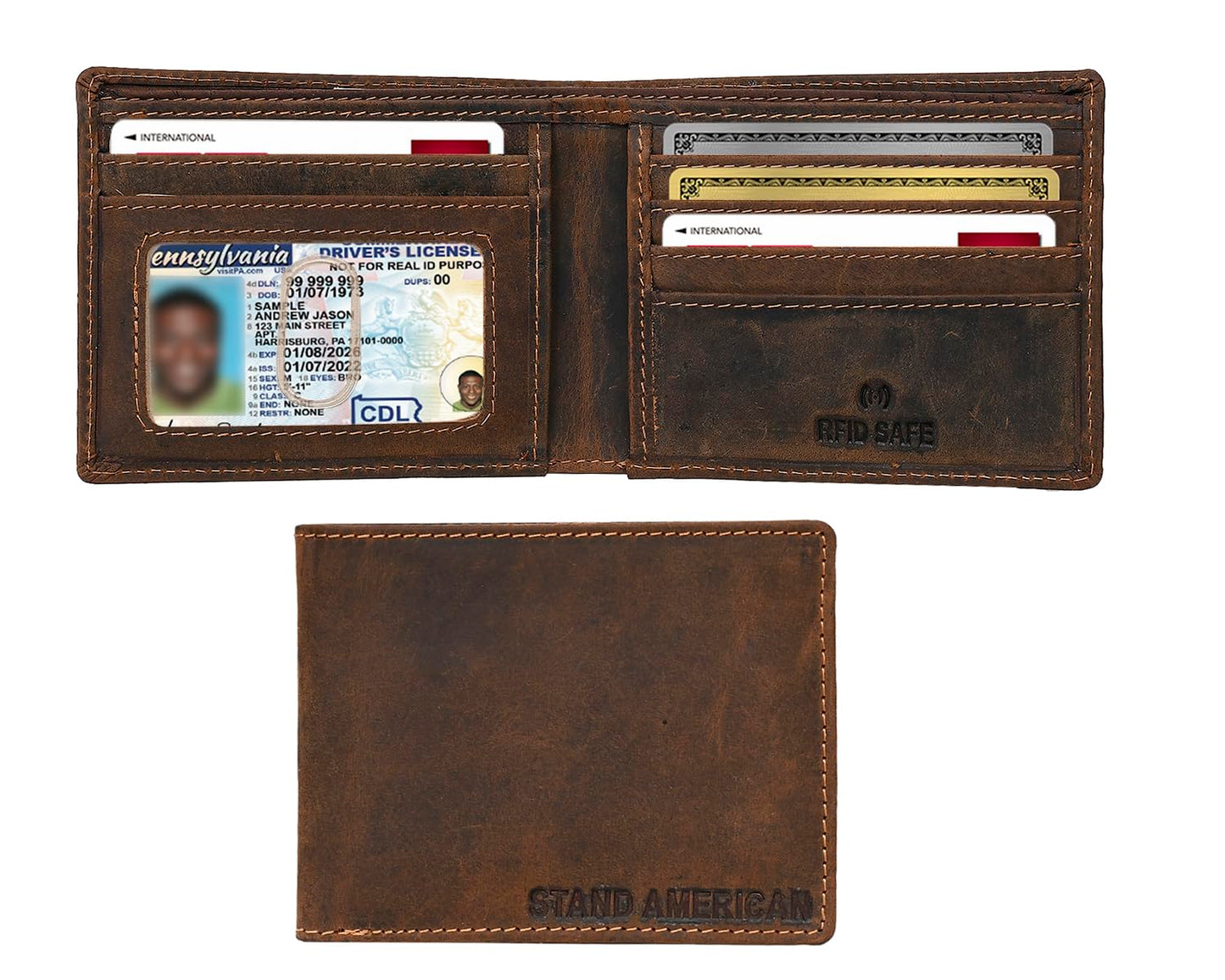 Stand American Men's Full Grain Hunter Leather Bifold Wallet with RFID Blocking - Slim Design with Total 7 Card Slots (2 Concealed Card Slots) ID Window & 2 Cash Pockets With Premium Stiching (TAN)
