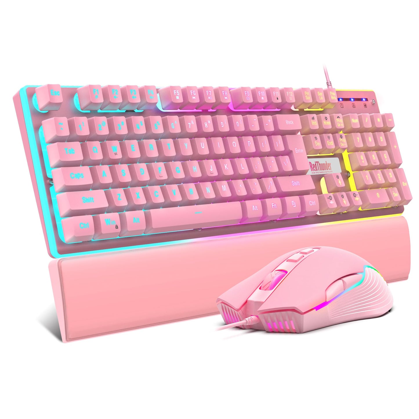 RedThunder K10 Wired Gaming Keyboard and Mouse and Wrist Rest Combo, RGB Backlit, Mechanical Feel Anti-ghosting Keyboard + 7D 7200 DPI Mice+Soft Leather Wrist Rest 3 in 1 PC Gamer Accessories(Pink)