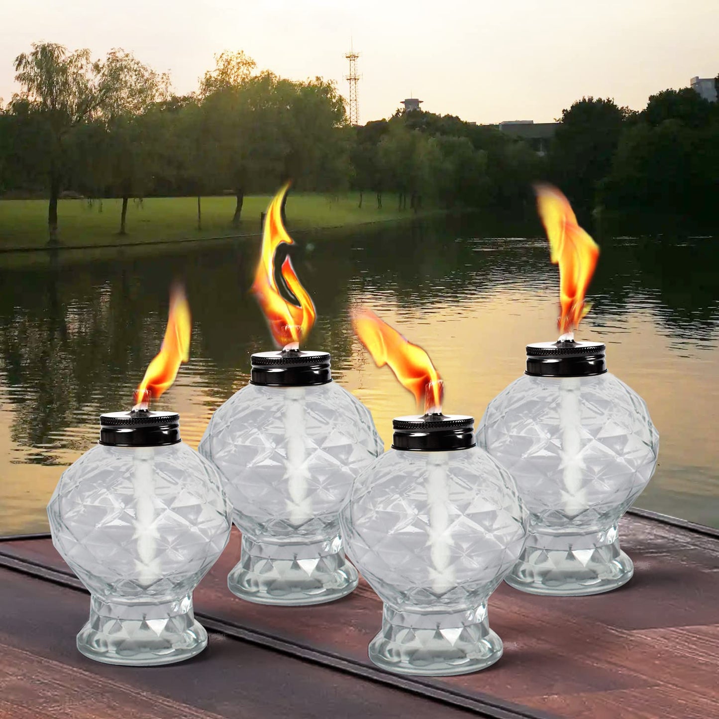 DIKAIDA 4 Pack Glass Table Torches, Citronella Table Top Torches with Wick and Cap for Outdoor, Refillable Landscape Lanterns for Yard, Patio, Christmas, Garden, Party Decor