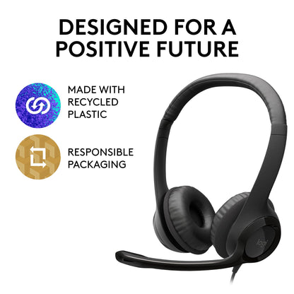 Logitech H390 Wired Headset for PC/Laptop, Stereo Headphones with Noise Cancelling Microphone, USB-A, in-Line Controls, Works with Chromebook - Black