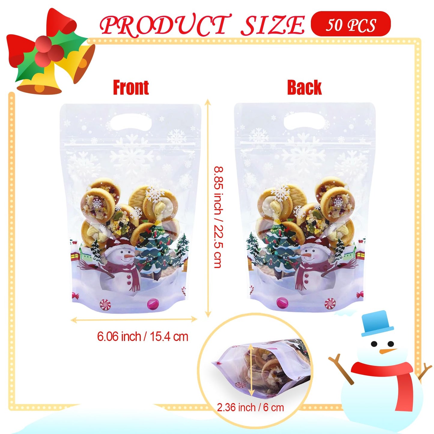 Rikolto Resealable Christmas Zip Lock Bags 50PCS Clear Christmas Cookie Snowman Plastic Sealing Bags with Handles for Xmas Holiday Party Candy Small Gift Wrapping Supplies Decor