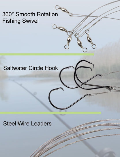YVUDW Pre-Rigged Fishing Hooks with Steel Wire Leader, Saltwater 30pcs Catfish Octopus Hooks Rig Anti-Bite Stainless Steel Trace Trout Hooks