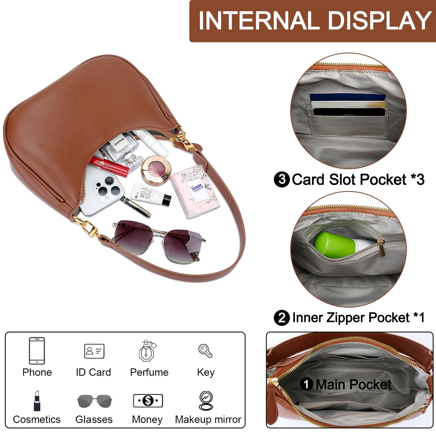 KKXIU Shoulder Bag for Women Cute Hobo and Tote Handbags Retro Clutch Underarm Purse with 2 Removable Straps (Brown)