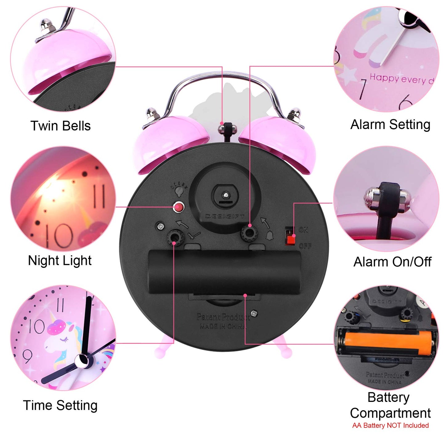TCJJ Unicorn Alarm Clock for Girls Kids, Cute Bedroom Decoration, Non Ticking Silent Second Hand, w/Backlight Super Loud Twin Bell, for Kids Unicorn Gifts (Pink)