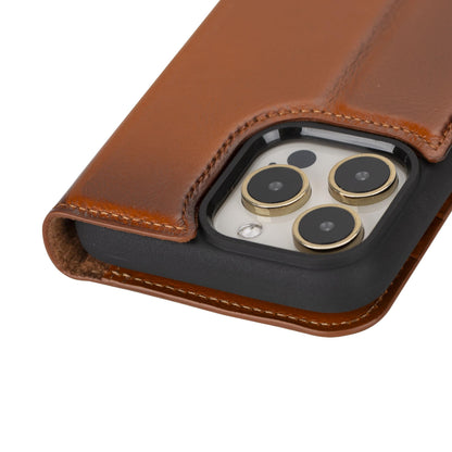 VENOULT Detachable Wallet Case for iPhone 15 Pro MAX, 4 Card Holder Wallet, Man or Women Folio Cover, Compatible with Magsafe, RFID, Genuine Leather, Kick Stand (Chestnut Brown)