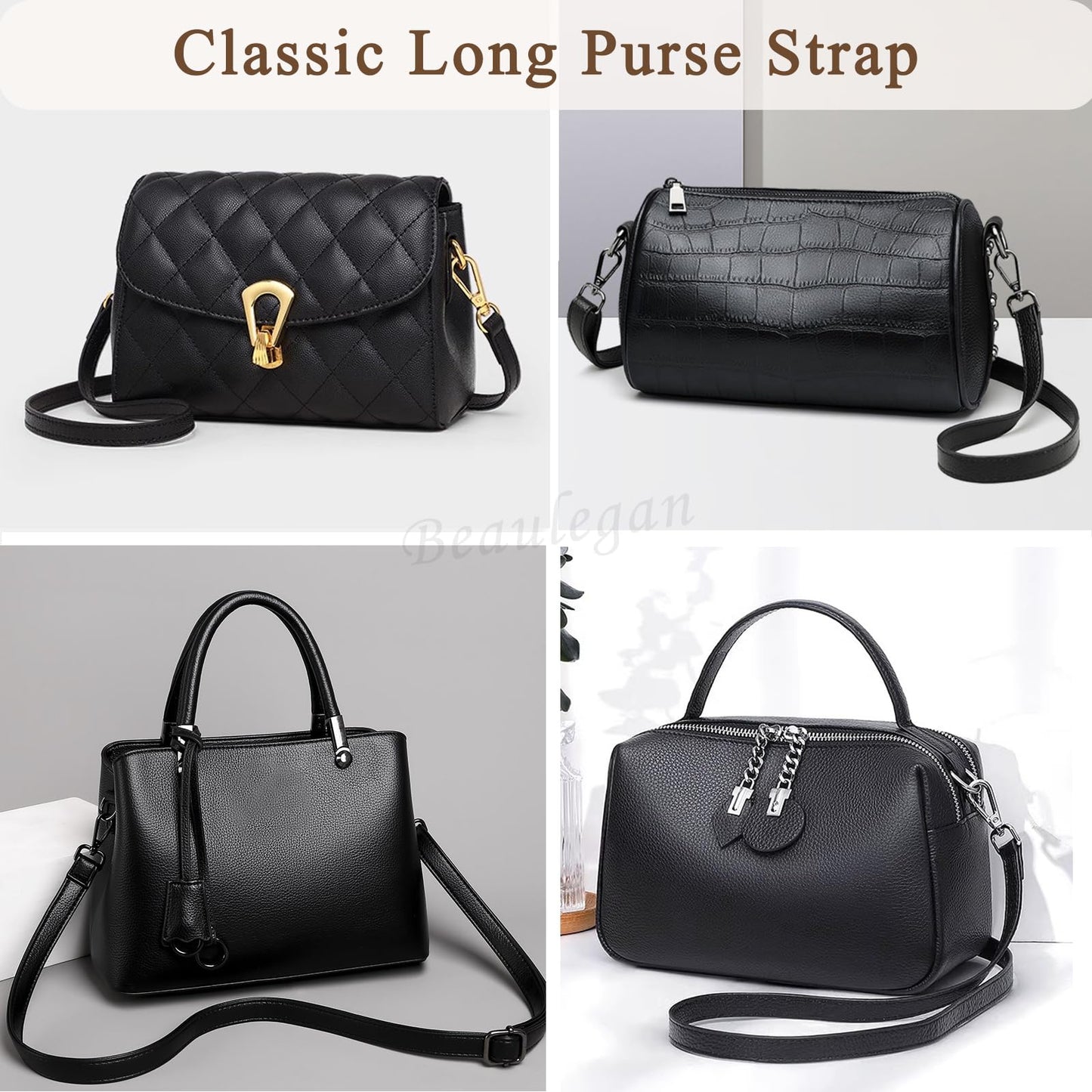 BEAULEGAN Purse Strap Replacement - Full Grain Microfiber Leather - 59 Inch Long Adjustable for Crossbody Shoulder Bag - 0.7 Inch Wide, Black/Gunmetal