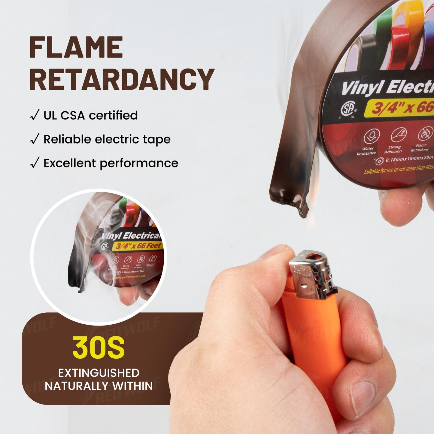 RED WOLF 5 Pack Brown Electrical Tape 3/4 Inch x 66 Ft Industrial Grade UL/CSA Listed 7 Mil Thick Flame Retardant High Temp Waterproof Electrical PVC Tape Electric Super Vinyl Rated 600V