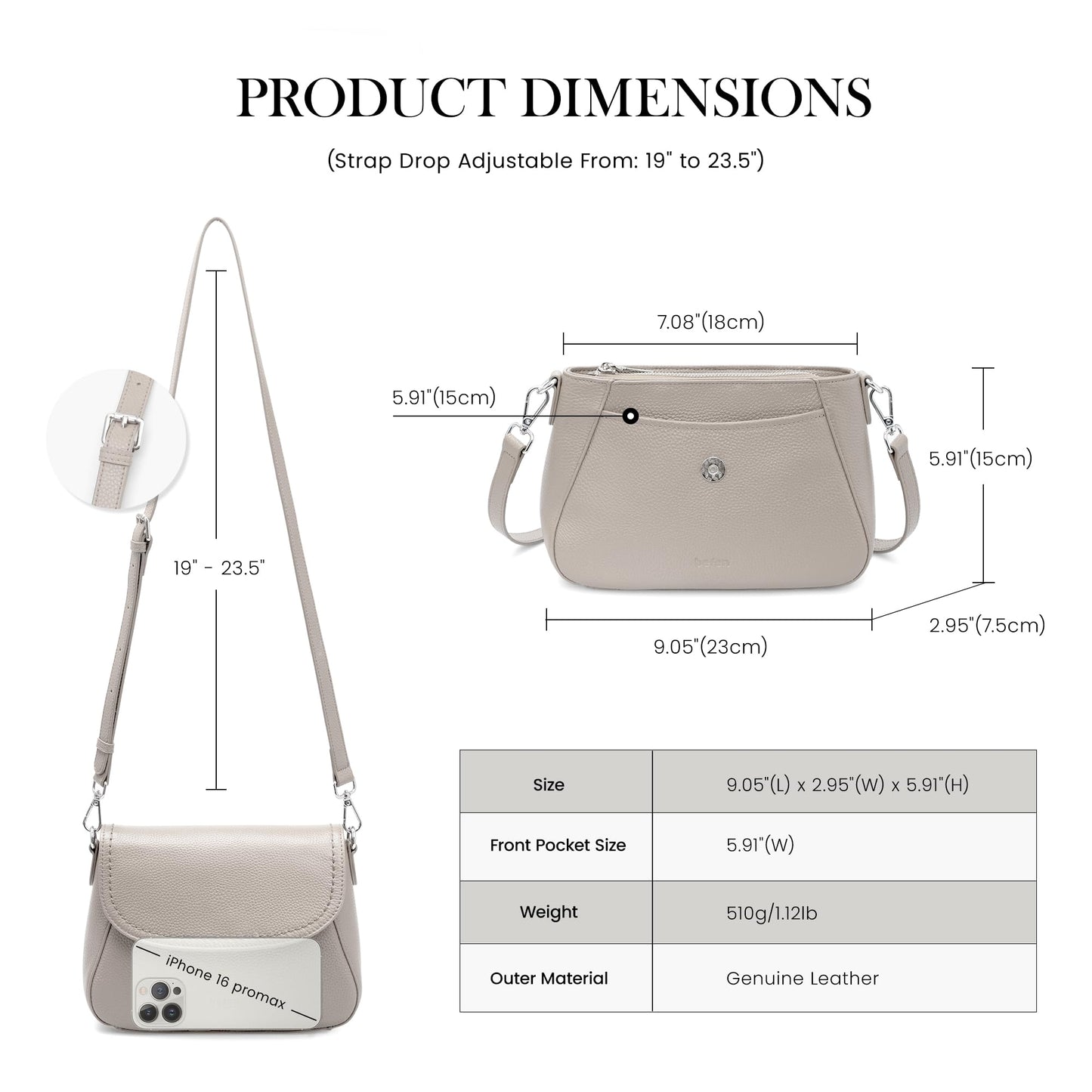 befen Real Leather Crossbody Saddle Bag Purses for Women Built in RFID Locking, Medium Cross Body Shoulder Handbags with Adjustable Straps - Grey Purse for Women