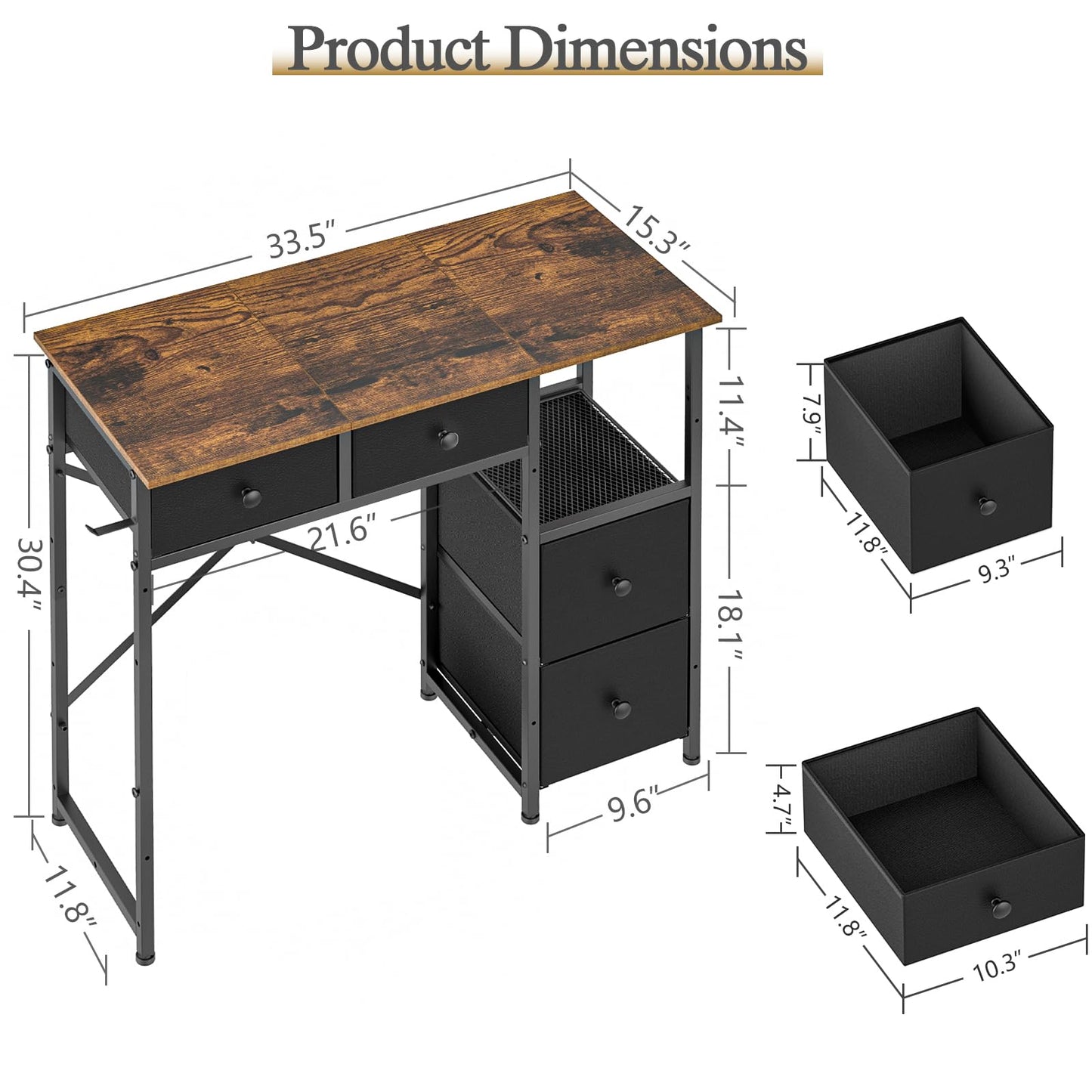 3IngSeagulls Small Computer Desk with 4 Fabric Drawers, Simple Writing Desk for Home Office, Compact Study Desks for Small Spaces, Kids Desk Study for Bedroom, Rustic Brown