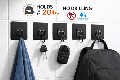 Black Metal Adhesive Wall Hooks Light Duty 6-Pack, No Drill Waterproof Sticky Hooks for Bathroom Kitchen Garage, Strong Wall Hooks for Towels, Keys, Coat, Tools, Holds Up to 20 lbs