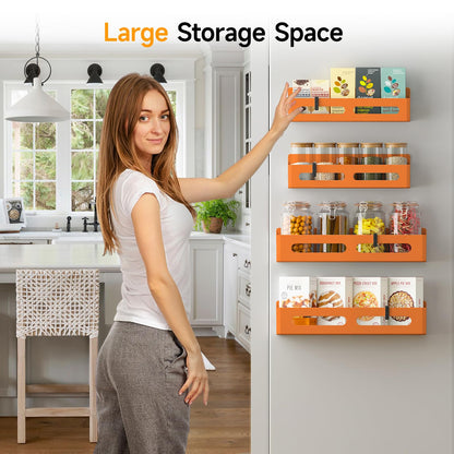 4 Pack Magnetic Spice Rack for Refrigerator, Spice Rack Organizer, Moveable Magnetic Shelf Fridge Organizer with 4 Hooks for Kitchen and Oven Organization, Black
