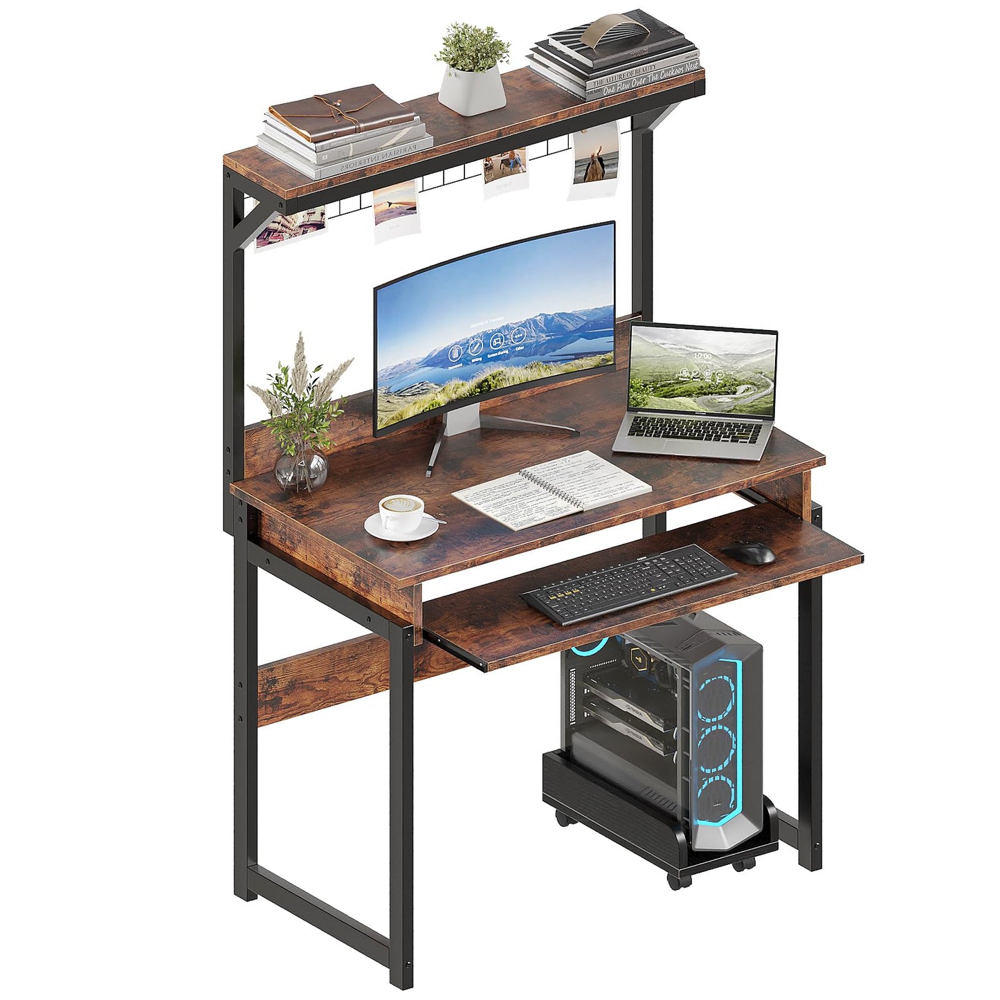 ALISENED 31.5" Small Computer Desk with Hutch, Office Desk Study Table Writing Desk Workstation PC Table for Home Office, Space Saving Design