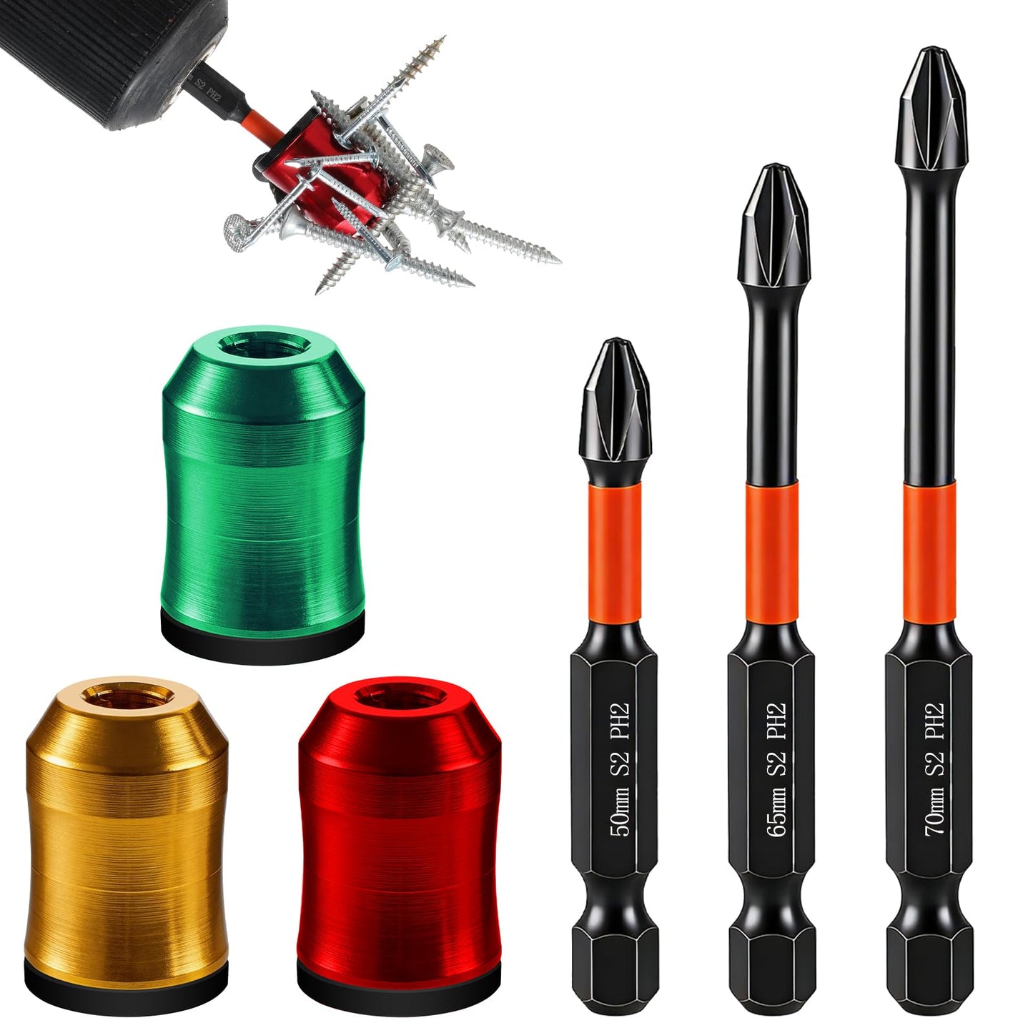 6Pcs Strong Magnetic Screw Ring with PH2 Screwdriver Bit Set Anti-Slip Design Magnetic Ring Screw Holder for Hex Screwdriver and Power Bits Removable Household Tool for Drill Tool Mechanic Carpenter