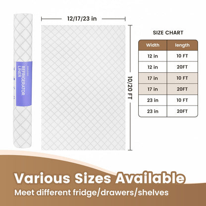 Shinlendid Refrigerator Liners Non-Slip 12IN x 10FT, Absorbent Fridge Shelf and Drawer Liners for Shelves, Keep Fruits and Vegetables Fresh, Various Sizes Washable Refrigerator Mats, White