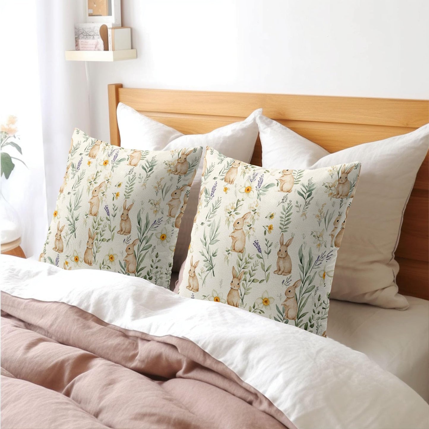 Kawani Easter Spring Pillow Covers 18X18 Inch Bunny Floral Botanical Green Leaf Rabbit Decorative Pillow Cases Set of 2 Holiday Farmhouse Throw Pillows for Sofa Couch Outdoor