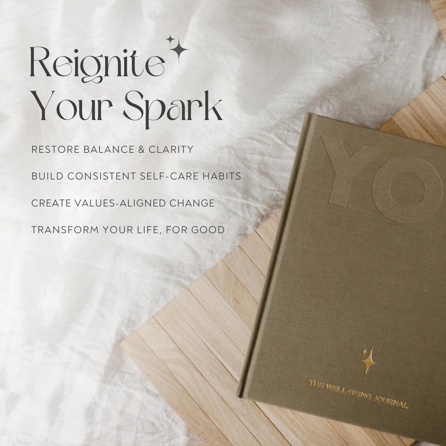 YOU – The Well-being Journal by Olive + Page – 6-Month Guided Self Care Journal with Gratitude Prompts, Daily Planner, Habit Tracker, and Reflection – Undated Wellness Journal – Linen Gold Foil Cover (Sand)