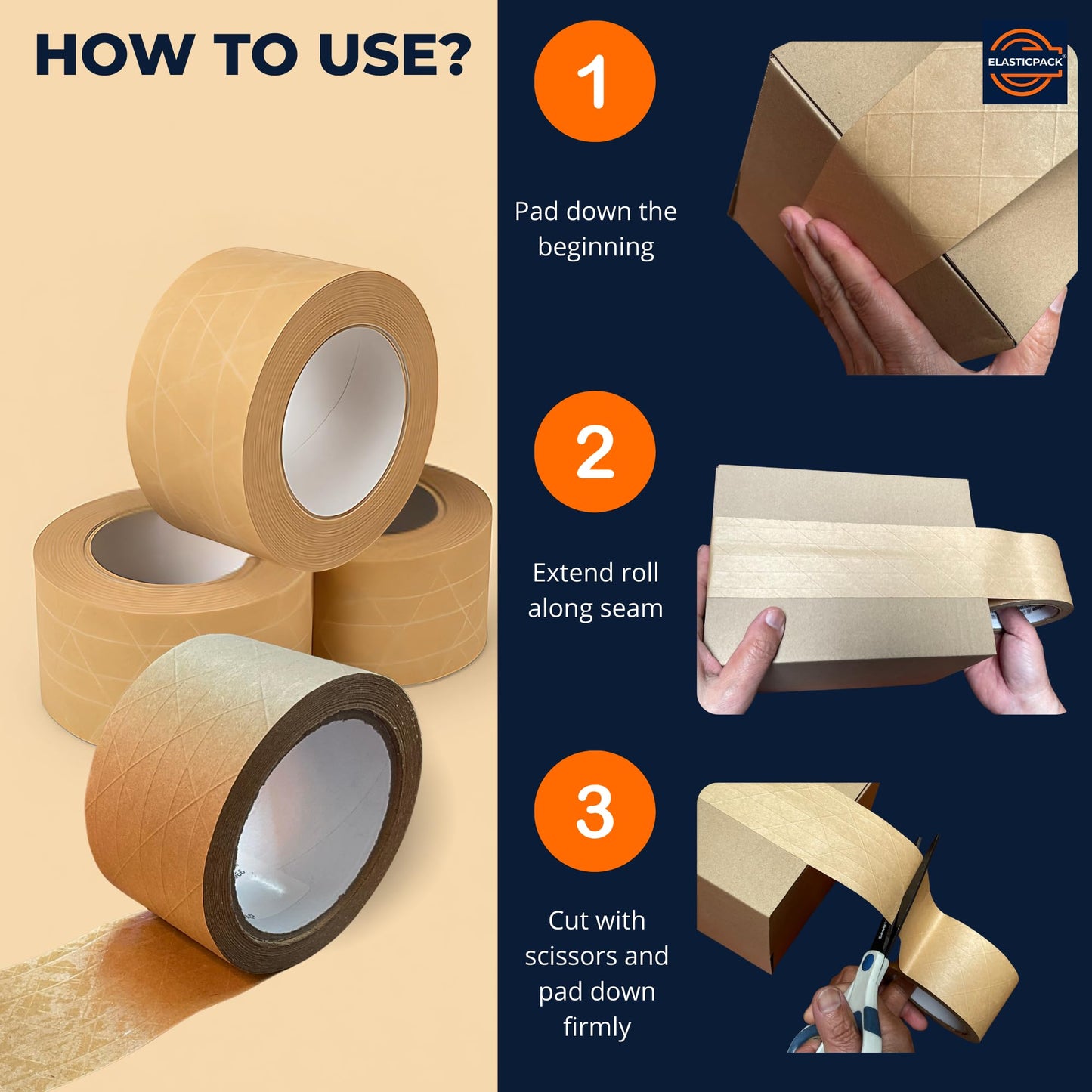 Elasticpack Heavy-Duty Packing Tape 4-Pack – Kraft Brown Paper Tape, Fiberglass Reinforced, Self-Sticking, No Water Needed, Strong Hold for Heavy Box Shipping & Packaging, 1.88" x 55 yd