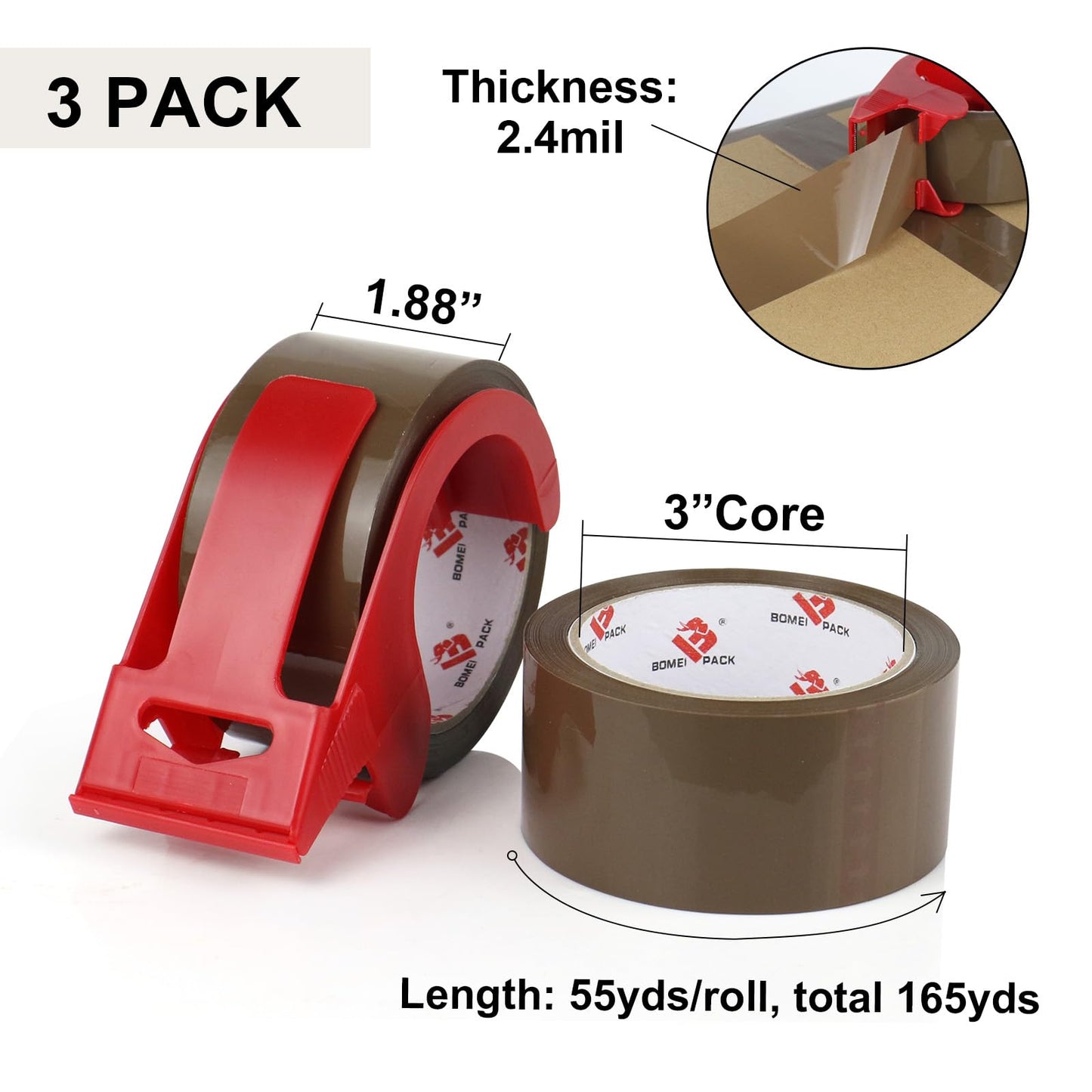 BOMEI PACK Brown Packing Tape with Dispenser, 2.6 mil 1.88 inch x 55 Yards 3 Pack Total 165 Yards, Heavy Duty Brown Tape Package Refills for Shipping, Mailing, Moving & Storage