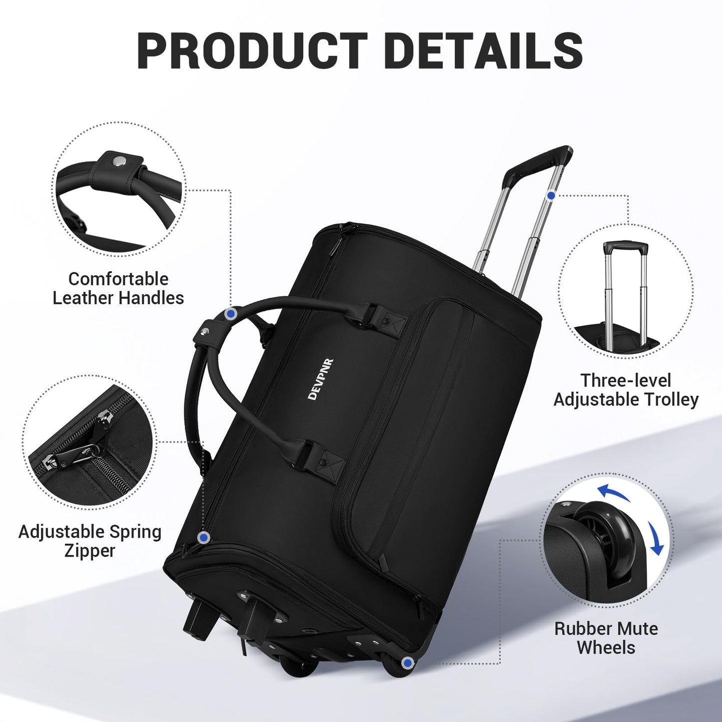 DEVPNR Rolling Garment Bags for Travel, 59L Rolling Duffle Bag with Wheels and Shoe Compartment for Men and Women, 3 in 1 Carry on Convertible Travel Garment Bag with Wheels, Black