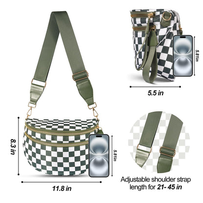 Checkered Crossbody Bag,Nylon Bum Bags for Women Crossbody,Spacious Sling Bag Purse Fanny Packs with Shoulder Strap