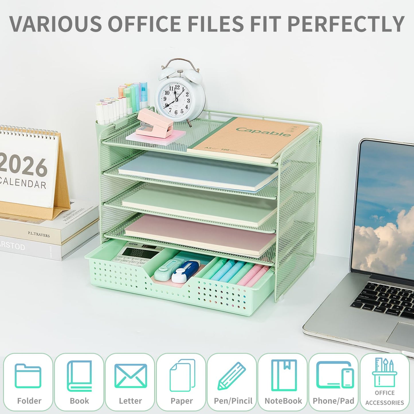 LEKETREE Desk Organizers and Accessories, 5-Tier Paper Letter Tray Organizer with Drawer & 2 Pen Holders, Desktop Organizer for Office Supplies (Green)