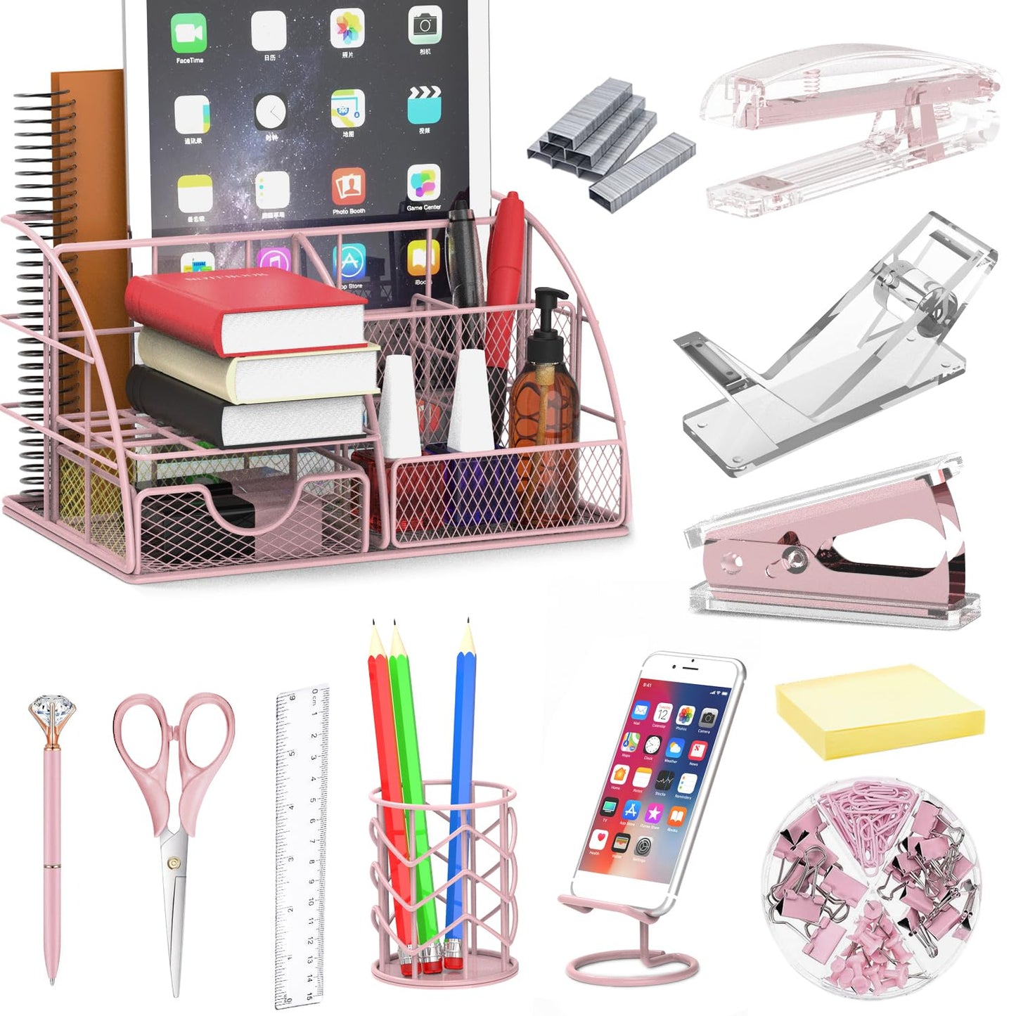 YOLOZAI Office Desk Organizers, Pink 13PCS Office Supplies and Accessories Desk organizer, Acrylic Stapler, Staple Remover, Clips, Scissor, Phone Holder, Pen, Pen Holder