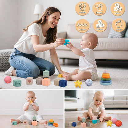 Weilim Montessori Toys Soft Stacking Building Blocks Rings Balls Sets 3 in 1 Baby Toys Bundle for Babies 6-12 Months Sensory for Toddlers 1-3 Teething Bath for Infants Learning Toy
