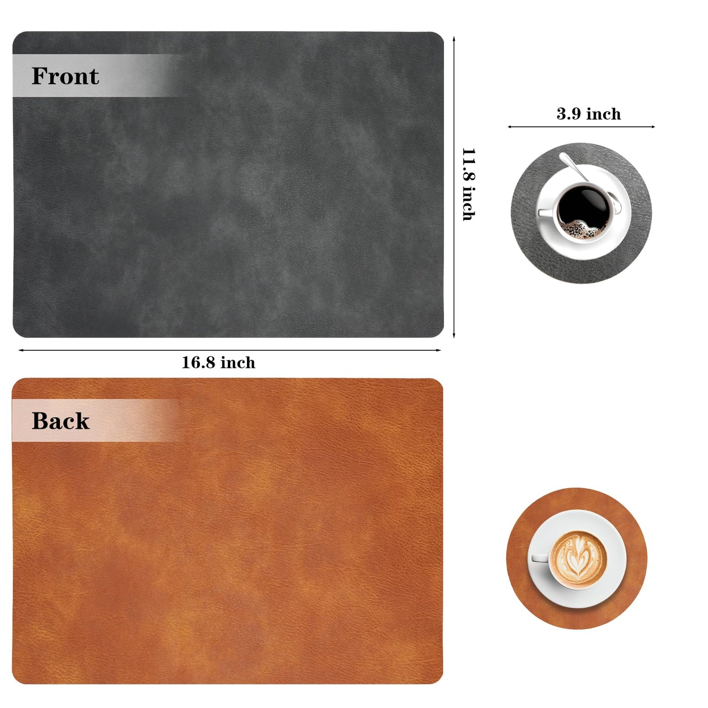 Pixieora Faux Leather Placemats and Coasters Set of 6, Washable Reversible Placemats Cowhide Pattern Place Mats Waterproof Non-Slip Kitchen Dining Table Mats Drink Coasters (Gray Brown, 6)