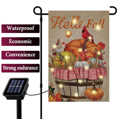 Hello Fall Pumpkin Cardinal Lighted Double Sided12 *18Small Garden Flag Solar LED 8Lighting Modes16Lights Fall Patio Home Outdoor Decor Thanksgiving Decoration Lawn Porch Decoration (Pumpkin Cardinal)
