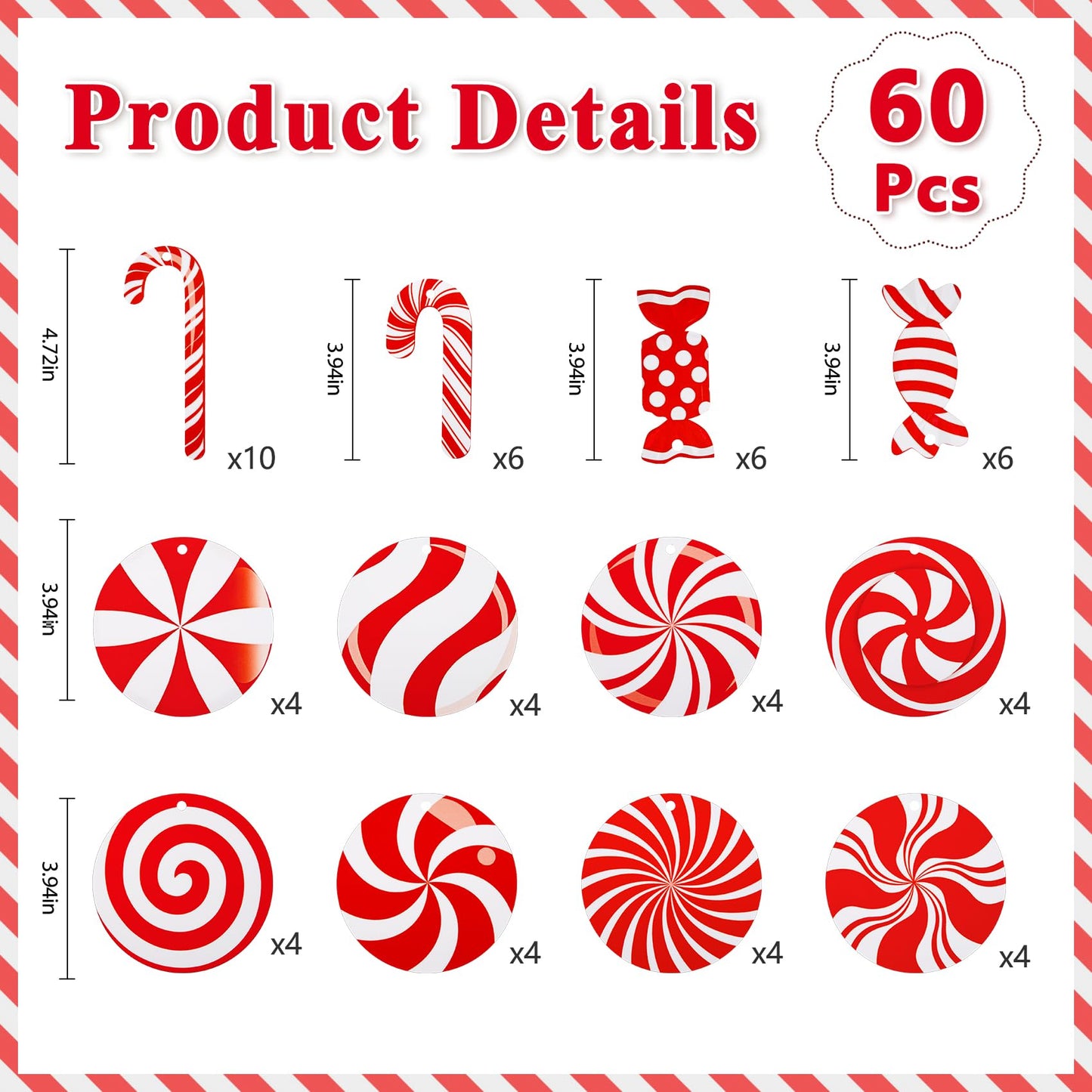 Ouddy Decor 60 Pcs Candy Cane Christmas Tree Ornaments, Red and White Peppermint Lollipop Christmas Decorations Candy Cane Hanging Ornaments for Xmas Tree New Year Party Supplies Holiday Home Decor